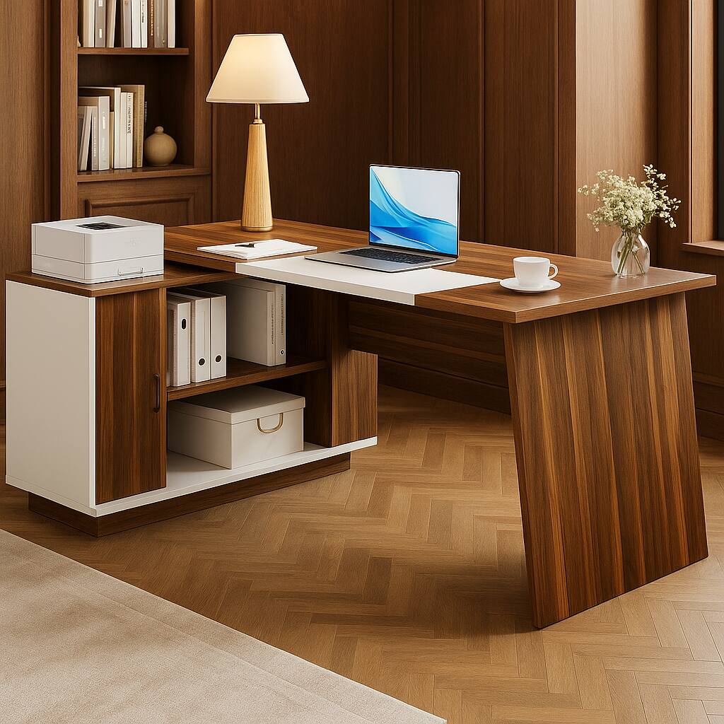 Front. Zell Electronics - 70.5-Inch Walnut & Black L-Shaped Desk with Cabinet and Shelves – Spacious Home or Office Workstation - Walnut + White.