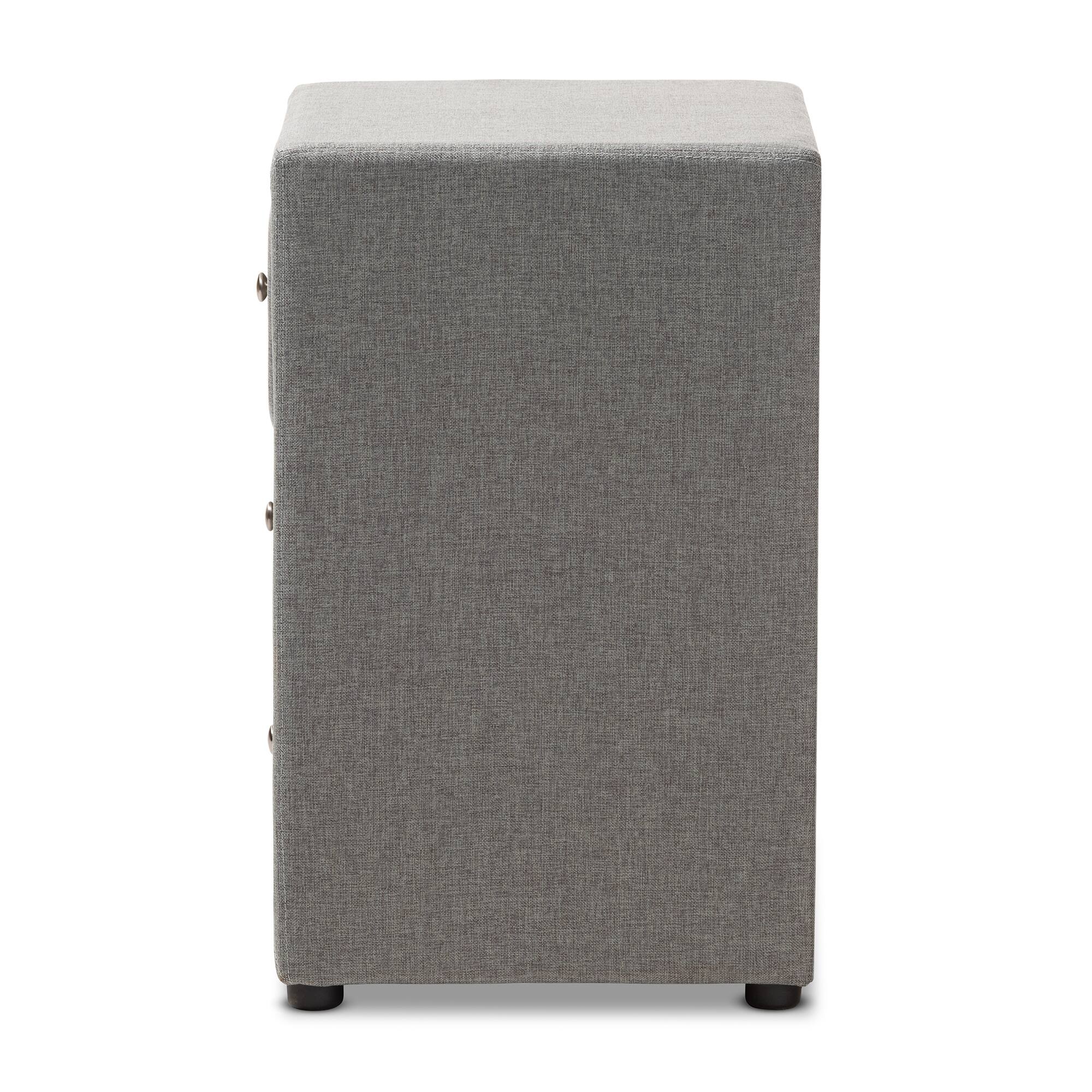 Back. Baxton Studio - Tessa Modern and Contemporary Fabric Upholstered 3-Drawer Nightstand - Grey.
