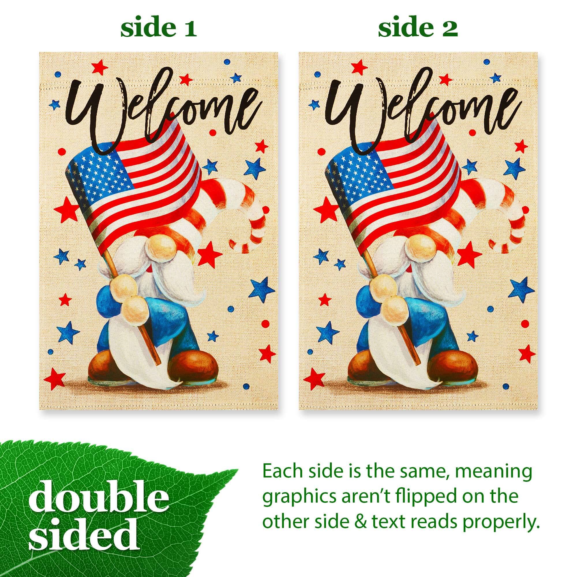 side 1 side 2  
Welcome Welcome  
double sided  
Each side is the same, meaning graphics aren't flipped on the other side & text reads properly.