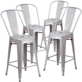 Emma + Oliver - Commercial Grade 4 Pack 24" High Metal Indoor-Outdoor Counter Height Stool with Back - Silver