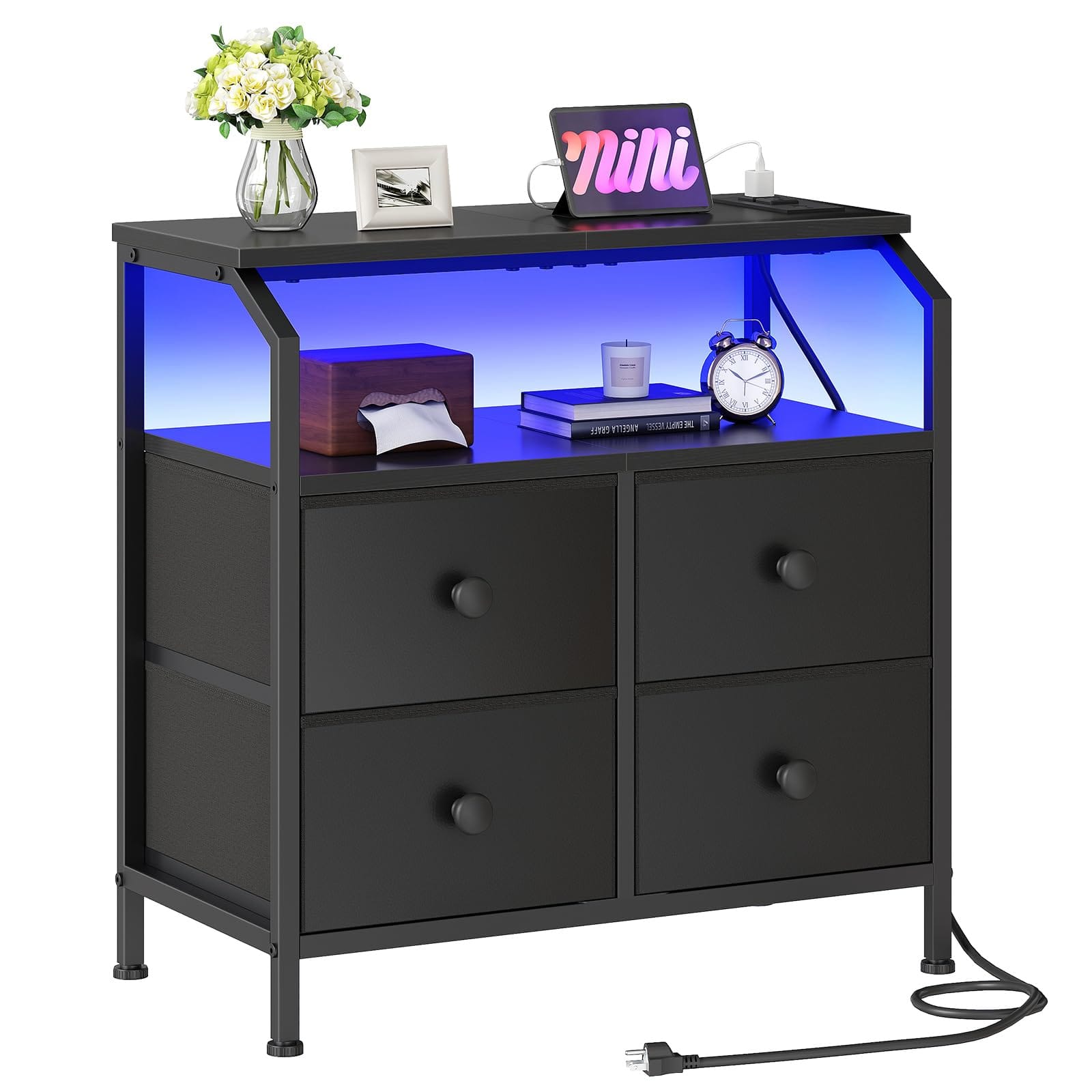 VEGA AUTOMOTIVE - Nightstand With Charging Station End Table Led Light Strip Night Stand 4 Non-woven Fabric Drawers 2 Open Sh - Black