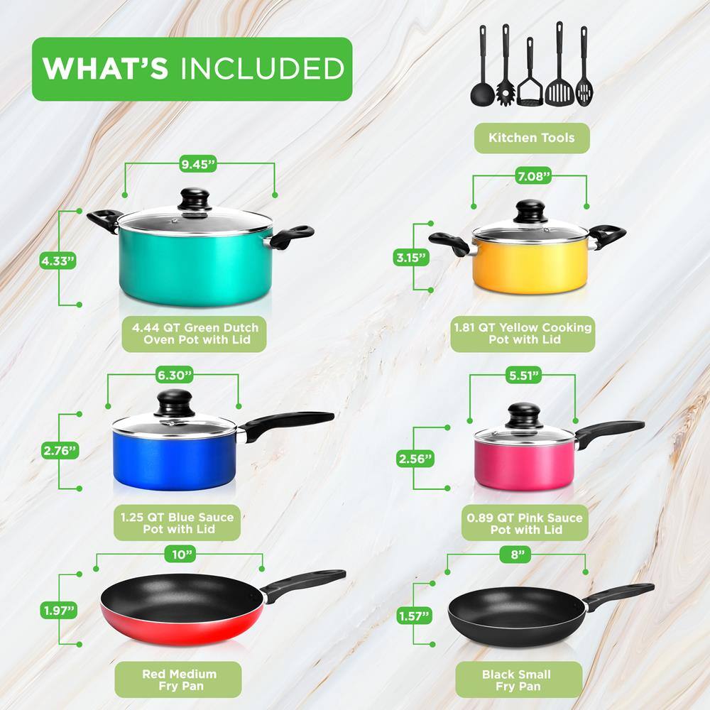 **WHAT'S INCLUDED**

- **Kitchen Tools**

- **4.44 QT Green Dutch Oven Pot with Lid**
  - 9.45" (diameter)
  - 4.33" (height)

- **1.81 QT Yellow Cooking Pot with Lid**
  - 7.08" (diameter)
  - 3.15" (height)

- **1.25 QT Blue Sauce Pot with Lid**
  - 6.30" (diameter)
  - 2.76" (height)

- **0.89 QT Pink Sauce Pot with Lid**
  - 5.51" (diameter)
  - 2.56" (height)

- **Red Medium Fry Pan**
  - 10" (diameter)
  - 1.97" (height)

- **Black Small Fry Pan**
  - 8" (diameter)
  - 1.57" (height)