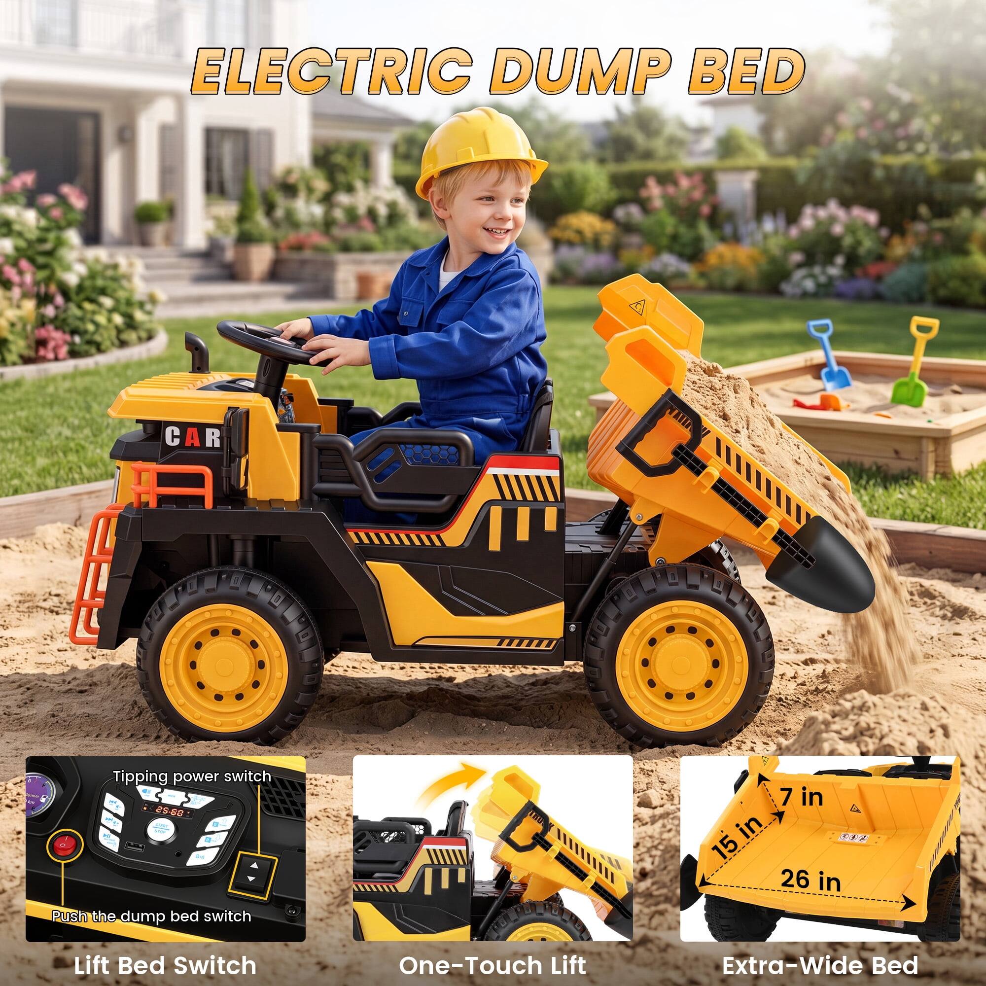 ELECTRIC DUMP BED CAR

Tipping power switch 2988 - Push the dump bed switch

Lift Bed Switch

One-Touch Lift

Extra-Wide Bed

7 in

15 in

26 in