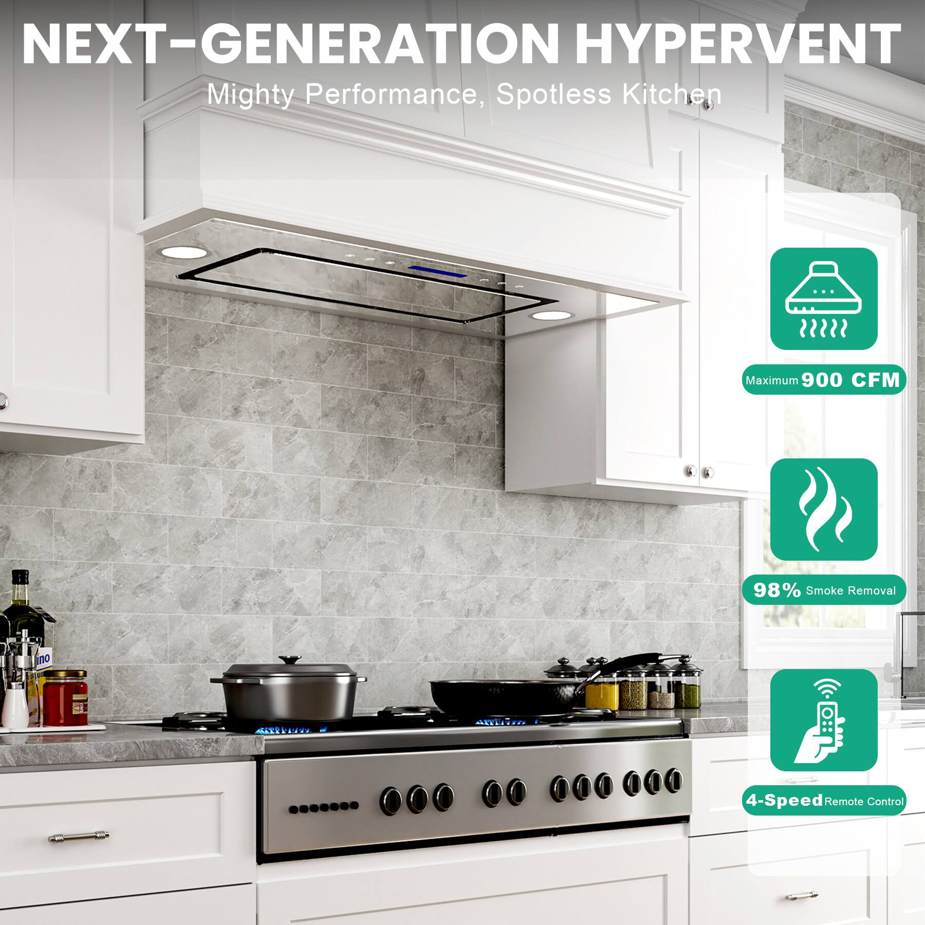 NEXT-GENERATION HYPERVENT  
Mighty Performance, Spotless Kitchen  

- Maximum 900 CFM  
- 98% Smoke Removal  
- 4-Speed Remote Control
