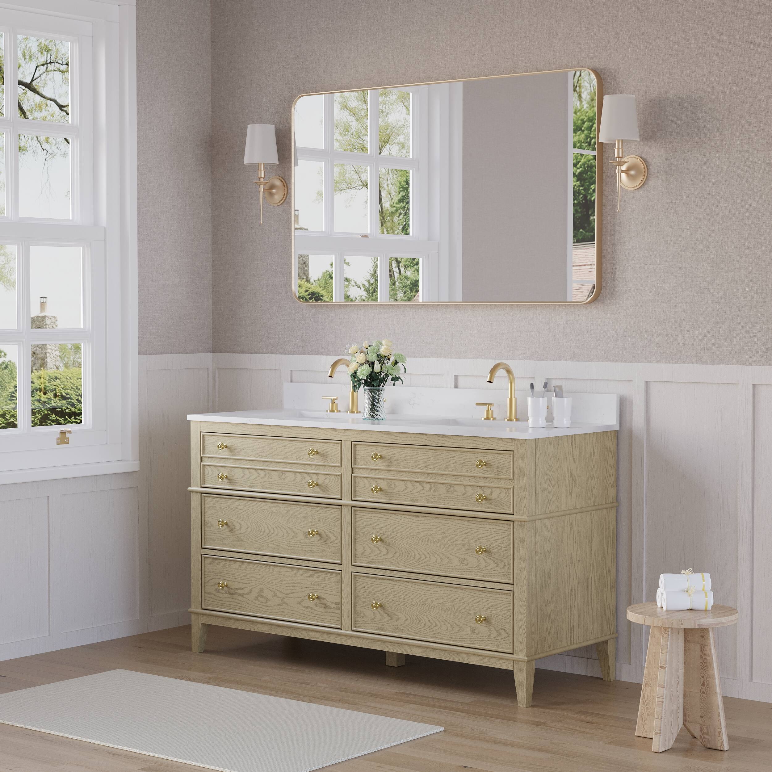Alt View 4. WELLFOR - MEGAN 60 in. Freestanding Solid Wood Bath Vanity with Quartz Top, Double Sink, Soft Close, Assembled - OAK.