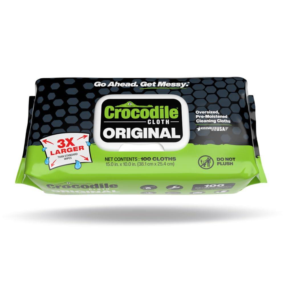 Go Ahead. Get Messy:
Crocodile Oversized, Pre-Moistened CLOTH Cleaning Cloths ASSEMBLED USA. ORIGINAL 3X LARGER THAN STANDARD WIPES NET CONTENTS: 100 CLOTHS DO NOT FLUSH
Crocodile CLOTH ORIGINAL