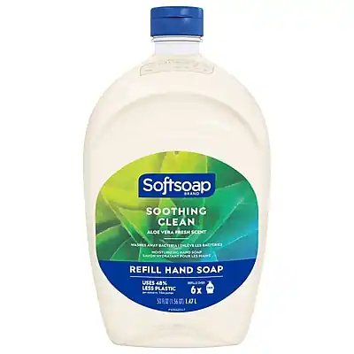 Softsoap
Soothing Clean
Aloe Vera Fresh Scent
Washes Away Bacteria, Enleve Les Bactéries
Refill Hand Soap
Uses 48% Less Plastic
6x
(0.56 oz)
1.47 L