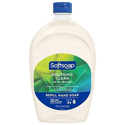 Softsoap  
Soothing Clean  
Aloe Vera Fresh Scent  
Washes Away Bacteria, Enleve Les Bactéries  
Refill Hand Soap  
Uses 48% Less Plastic  
6x  
(0.56 oz)  
1.47 L