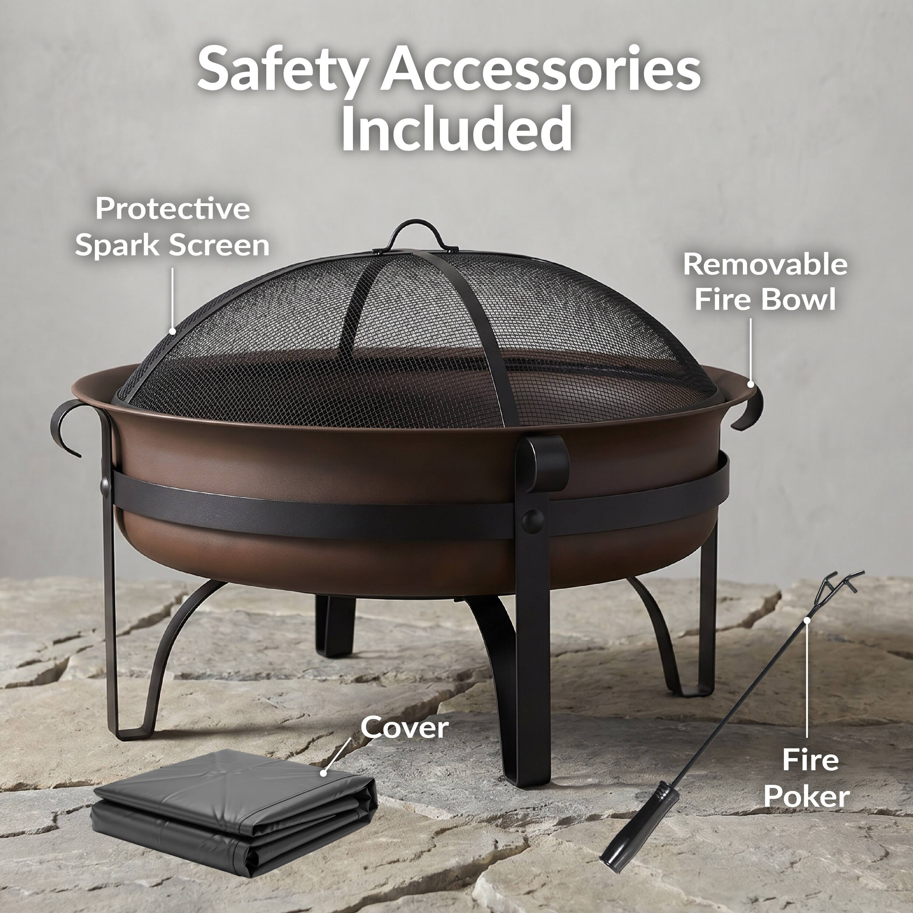 Safety Accessories Included  
- Protective Spark Screen  
- Removable Fire Bowl  
- Cover  
- Fire Poker