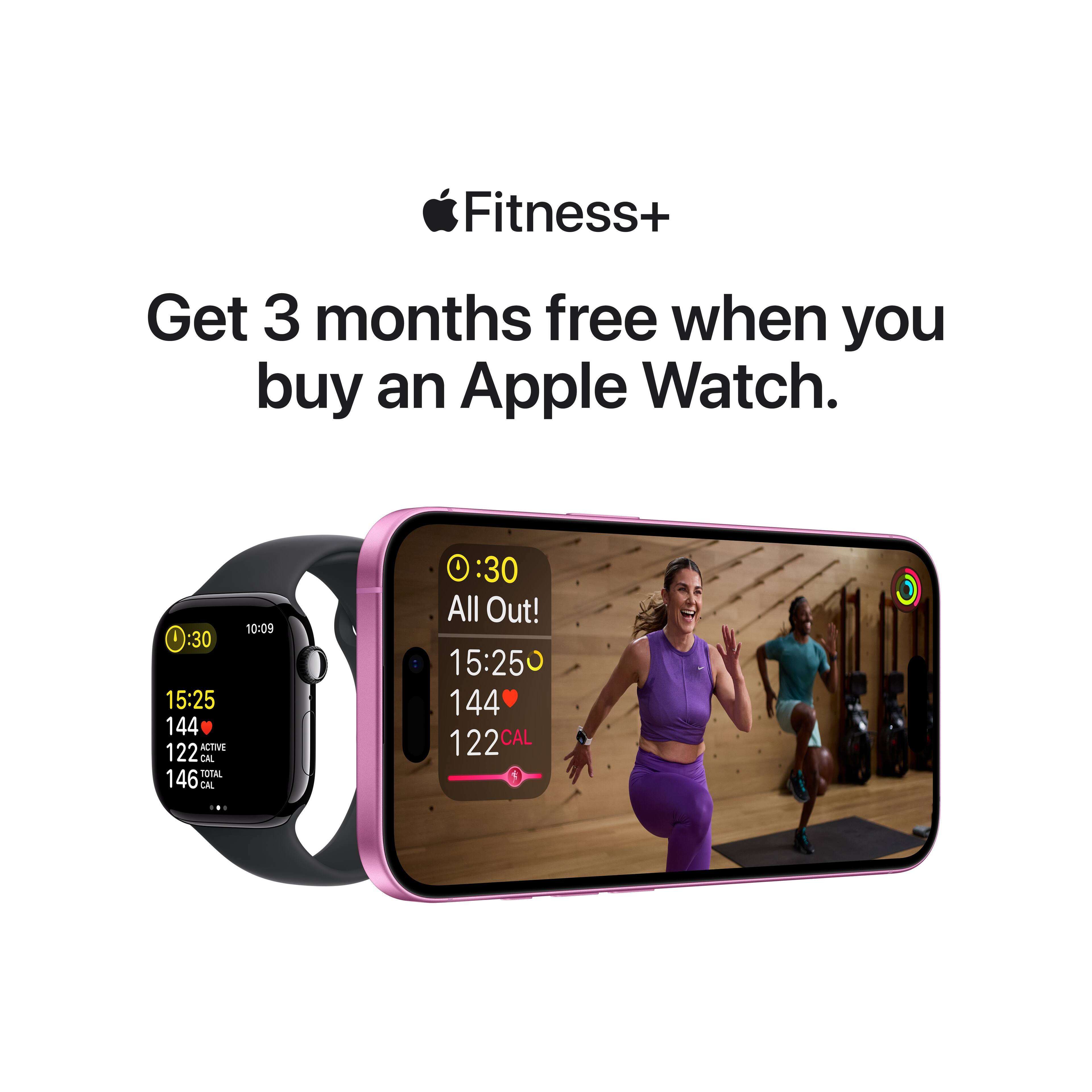 Fitness+: Get 3 months free when you buy an Apple Watch. I:30 15:25 144 ACTIVE 122 CAL 10:09:30 All Out! 15:25 144 122 CAL 1