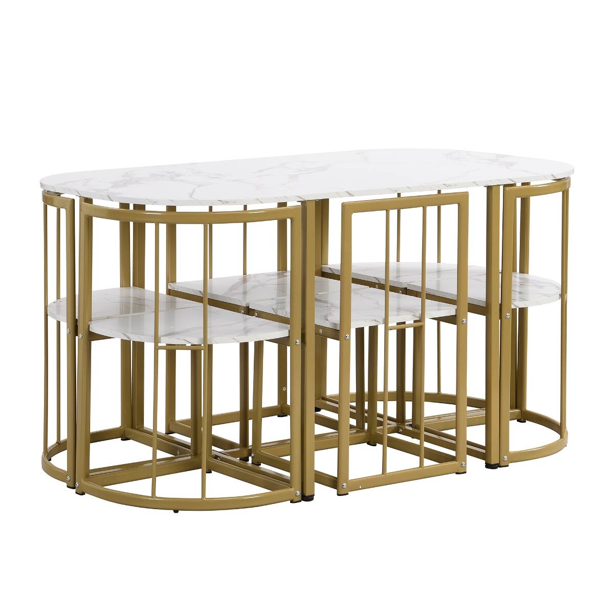 Alt View 9. Loheer - Loheer 7 Piece Dining Set for 6, 53.5 Inch Faux Marble White Table, Modern Black and Gold Chairs - Black and Faux Marble White.