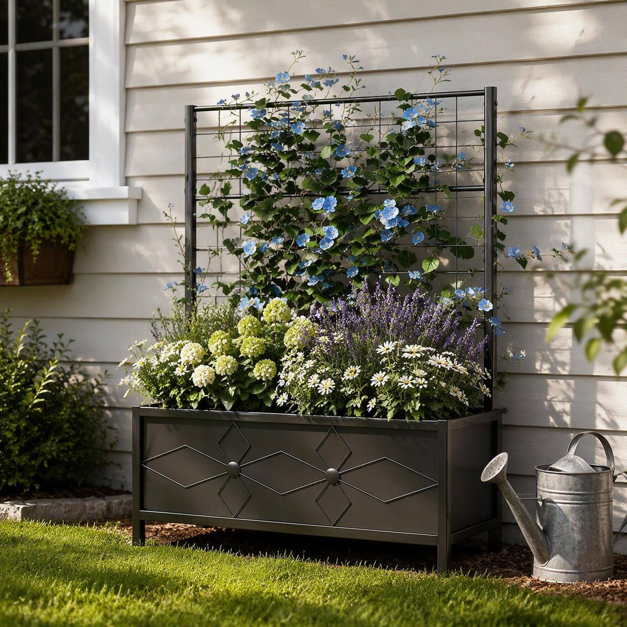 Angle. RYHNUYNE - Galvanized Raised Garden Bed with Trellis for Climbing Vines, Black Steel Planter Box for Outdoor Vegetable - Black.