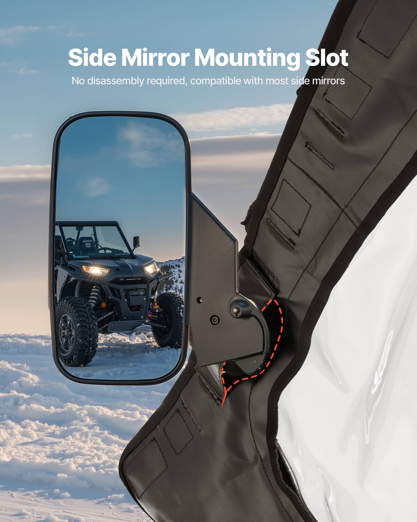 Side Mirror Mounting Slot  
No disassembly required, compatible with most side mirrors