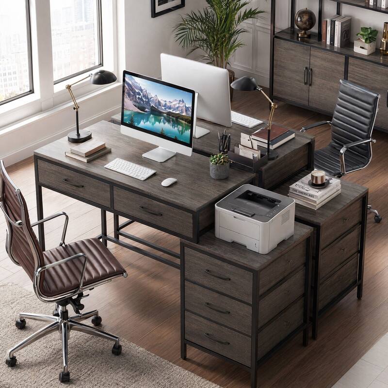 Angle. WELLFOR - 51" Industrial Computer Desk with 5 Drawers & Printer Stand, Home Office Desk Study Desk - Oak.