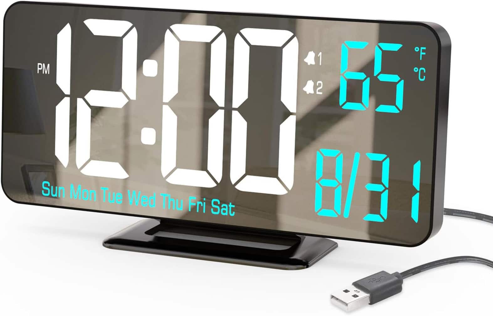 FINEAK - Digital LED Clocks for Bedrooms Alarm Clock - Black Clock(white + Blue Digits)