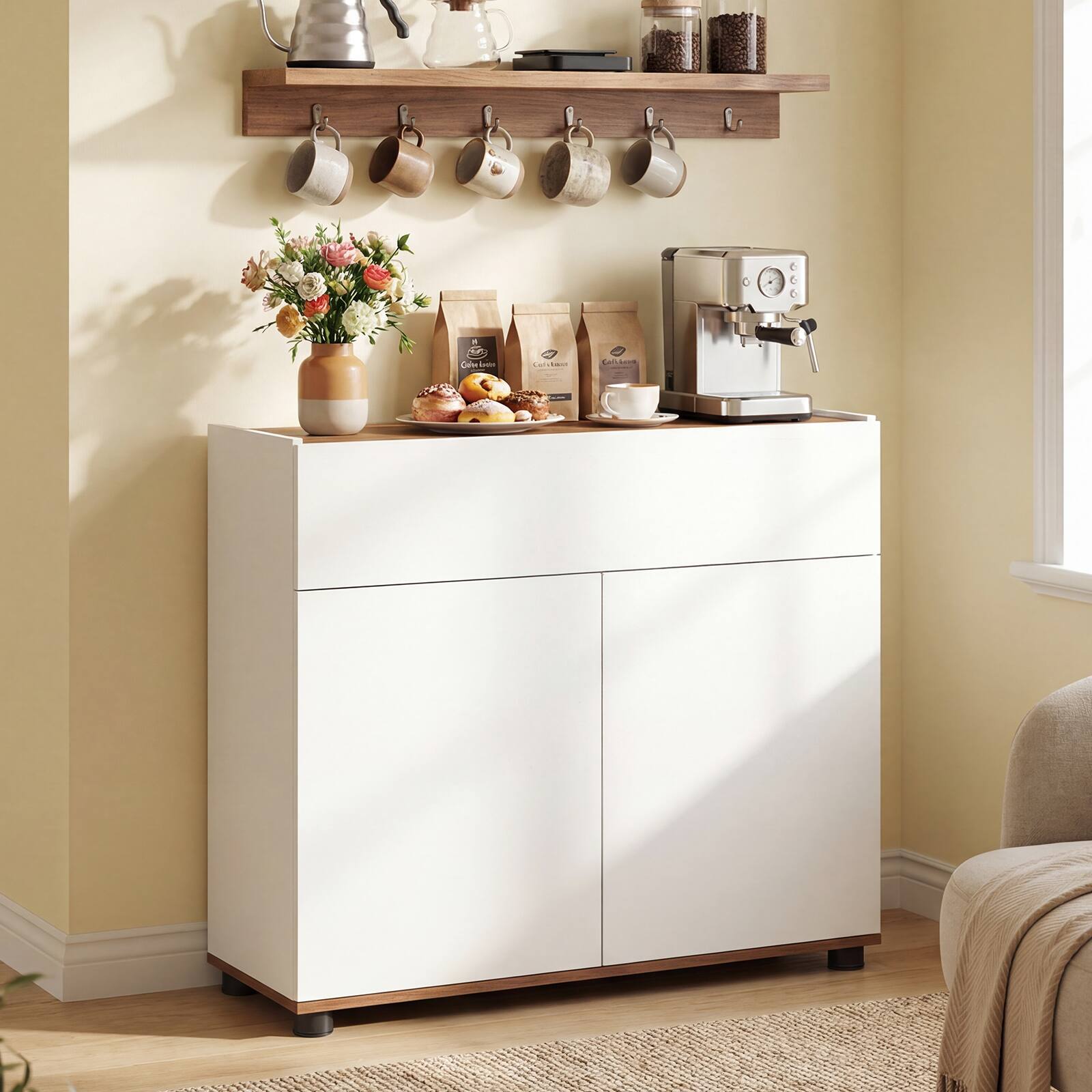 Alt View 1. Costway - Costway Sideboard Buffet Cabinet with Storage, Drawer and Push-to-Open Doors for Kitchen - White.