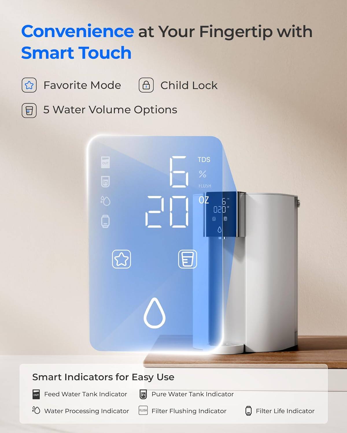 Convenience at Your Fingertip with Smart Touch

- Favorite Mode
- Child Lock
- 5 Water Volume Options

Smart Indicators for Easy Use

- Feed Water Tank Indicator
- Pure Water Tank Indicator
- Water Processing Indicator
- Filter Flushing Indicator
- Filter Life Indicator