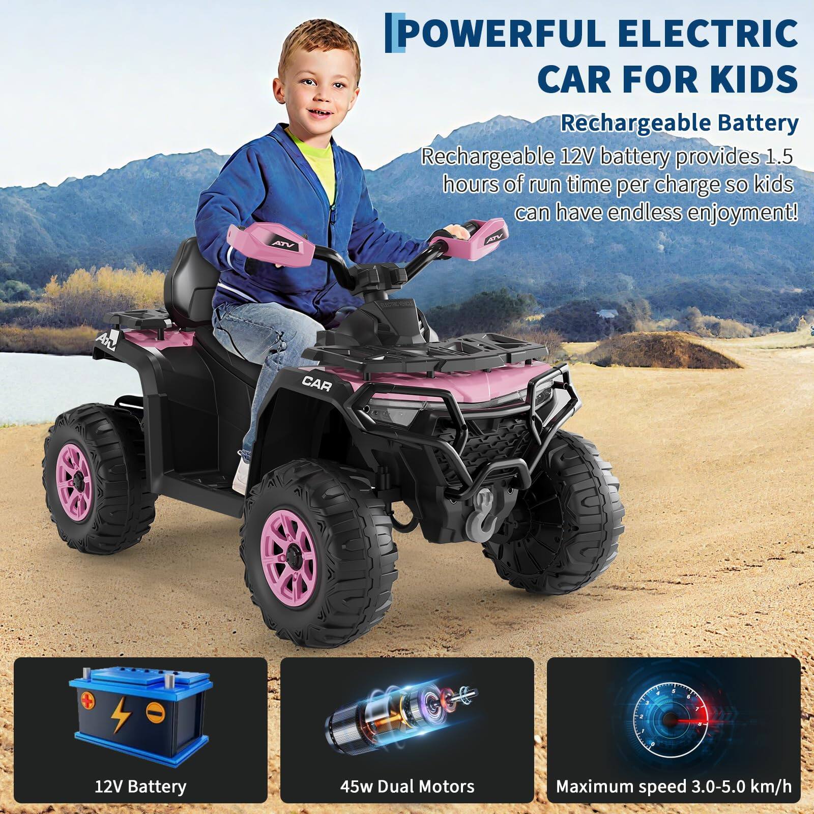 **POWERFUL ELECTRIC CAR FOR KIDS**

- Rechargeable Battery
  - Rechargeable 12V battery provides 1.5 hours of run time per charge so kids can have endless enjoyment!

- 12V Battery
- 45w Dual Motors
- Maximum speed 3.0-5.0 km/h