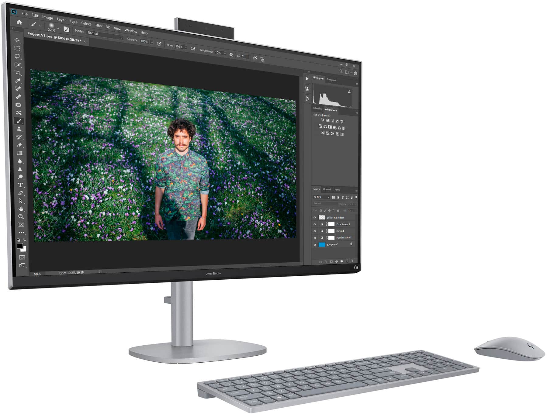 The text on the image reads: "Fie Edit Image Layer Type Select d Fiher OE 2.700 Views Weetom Minde: Normal Half Project Viand . 58% GB/1 Conchr 100% Fewc 0 Smouthting 1 y Mog Rerge x - - 9 7 i I 7 e + 1 T -p - - R 4 .. - . / + - -.. pd 5 .a - : 1 So 1 s 1 haltwes -A . n 58% De: 12H/1A3H A Omnilludo N".