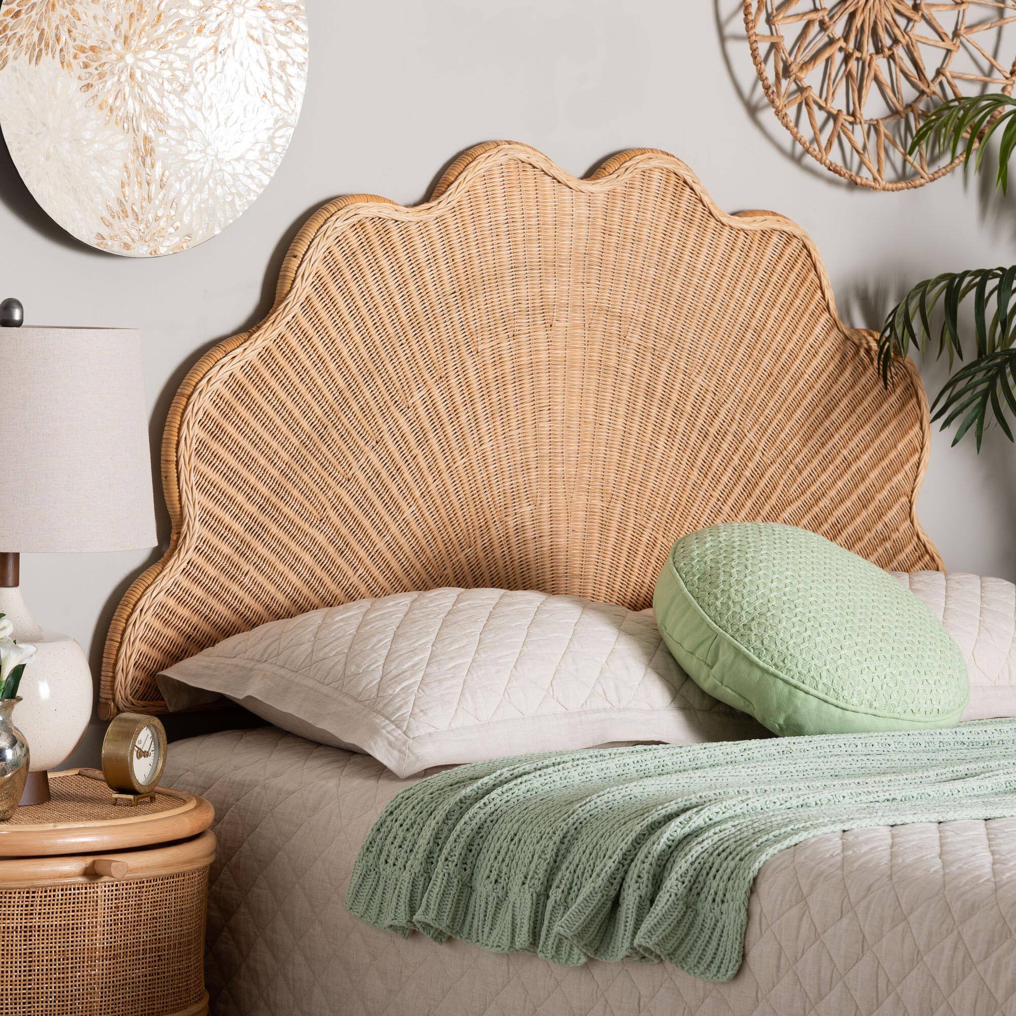 Alt View 2. bali & pari - Callias Natural Rattan Scalloped Headboard with Sunburst Weave – Coastal Wicker Bed Backdrop for Bedroom Décor, Queen - Natural Brown.