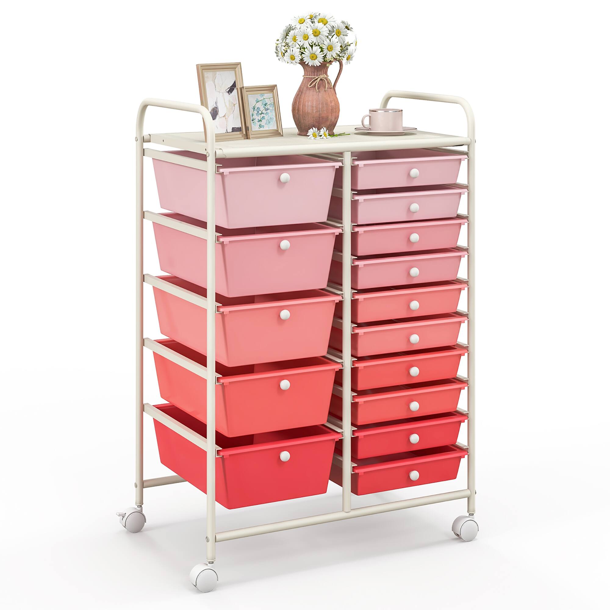 Alt View 1. Gymax - Gymax 15 Drawer Rolling Storage Cart Opaque Multicolor Drawers Home Organizer Mixed Pink - White, Mixed Pink.