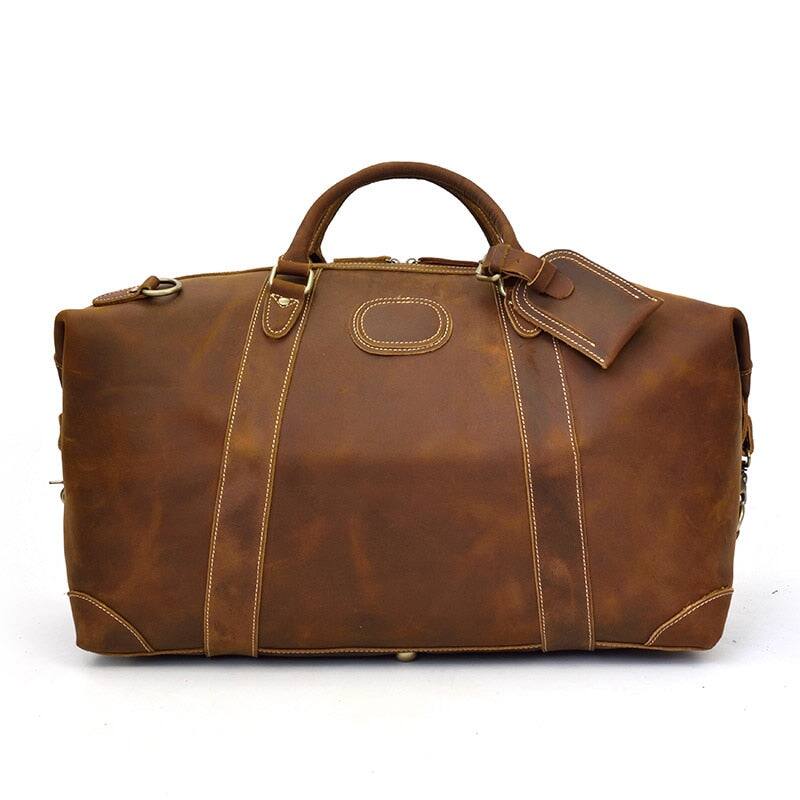 Left. Steel Horse Leather - The Eira Duffle Bag | Vintage Leather Weekender - Brown.