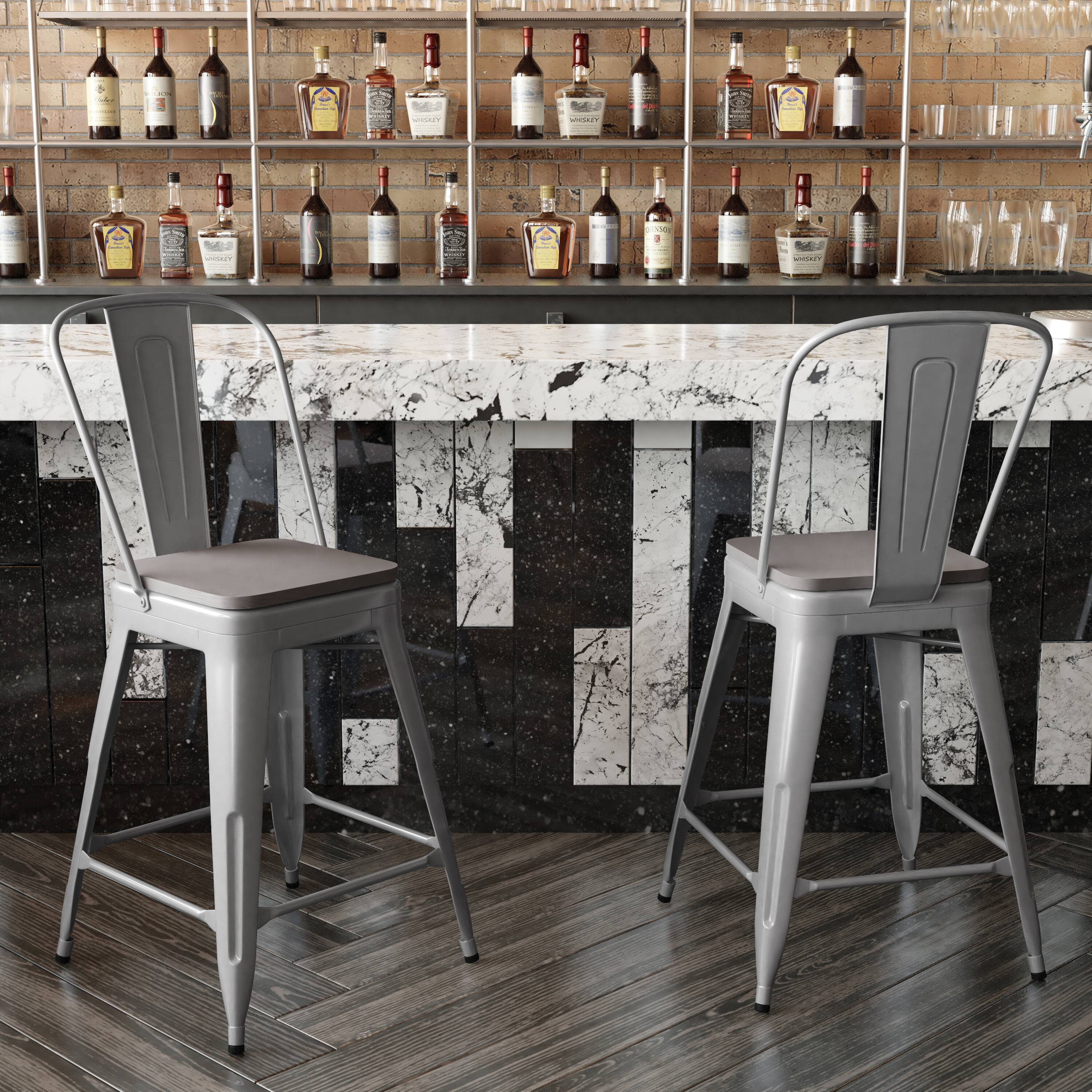 Alt View 3. Emma + Oliver - Kam Metal Indoor-Outdoor Stool with Removable Back and All-Weather Polystyrene Seat - Gray Seat/Silver Frame.