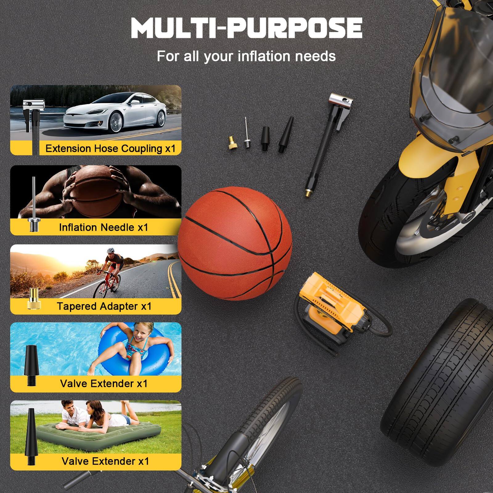 MULTI-PURPOSE  
For all your inflation needs  

- Extension Hose Coupling x1  
- Inflation Needle x1  
- Tapered Adapter x1  
- Valve Extender x1  
- Valve Extender x1