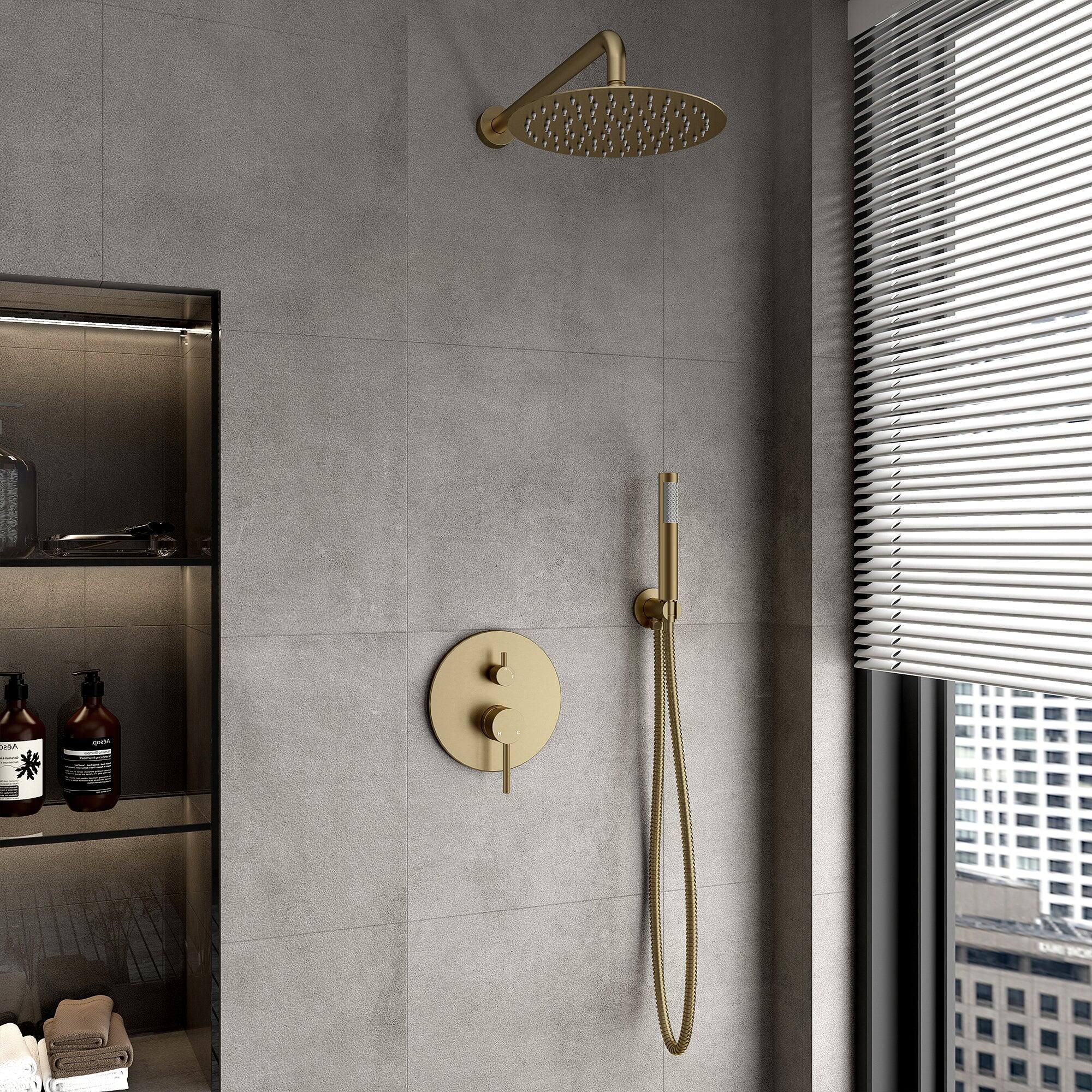 Alt View 3. Boyel Living - 1-Spray 10 in. Round Wall Mount Fixed and Handheld Shower Head 1.8 GPM with Pressure Balance Valve in Brushed Gold - Brushed Gold.
