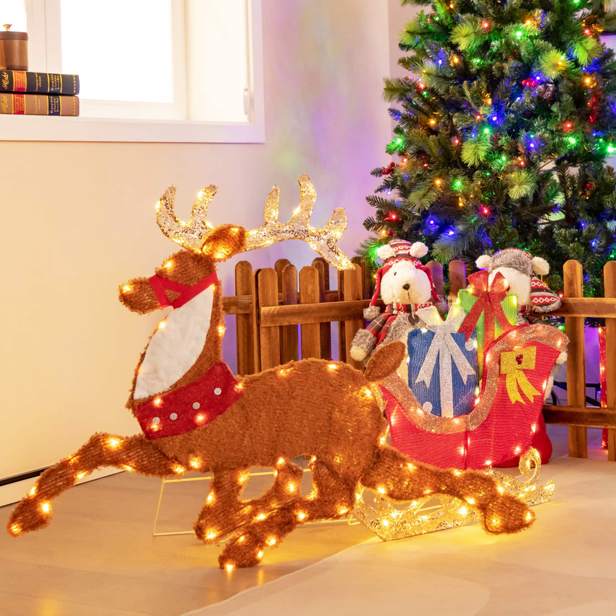 Alt View 4. Costway - Lighted 2D Christmas Reindeer and Sleigh Decoration Pre-Lit Glittered Decoration - Brown/Red.