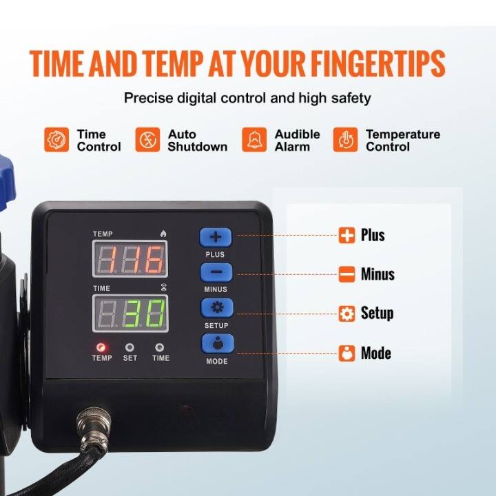 TIME AND TEMP AT YOUR FINGERTIPS

Precise digital control and high safety

- Time Control
- Auto Shutdown
- Audible Alarm
- Temperature Control

TEMP 88.6
TIME 88.0

Plus
Minus
Setup
Mode

TEMP SET TIME