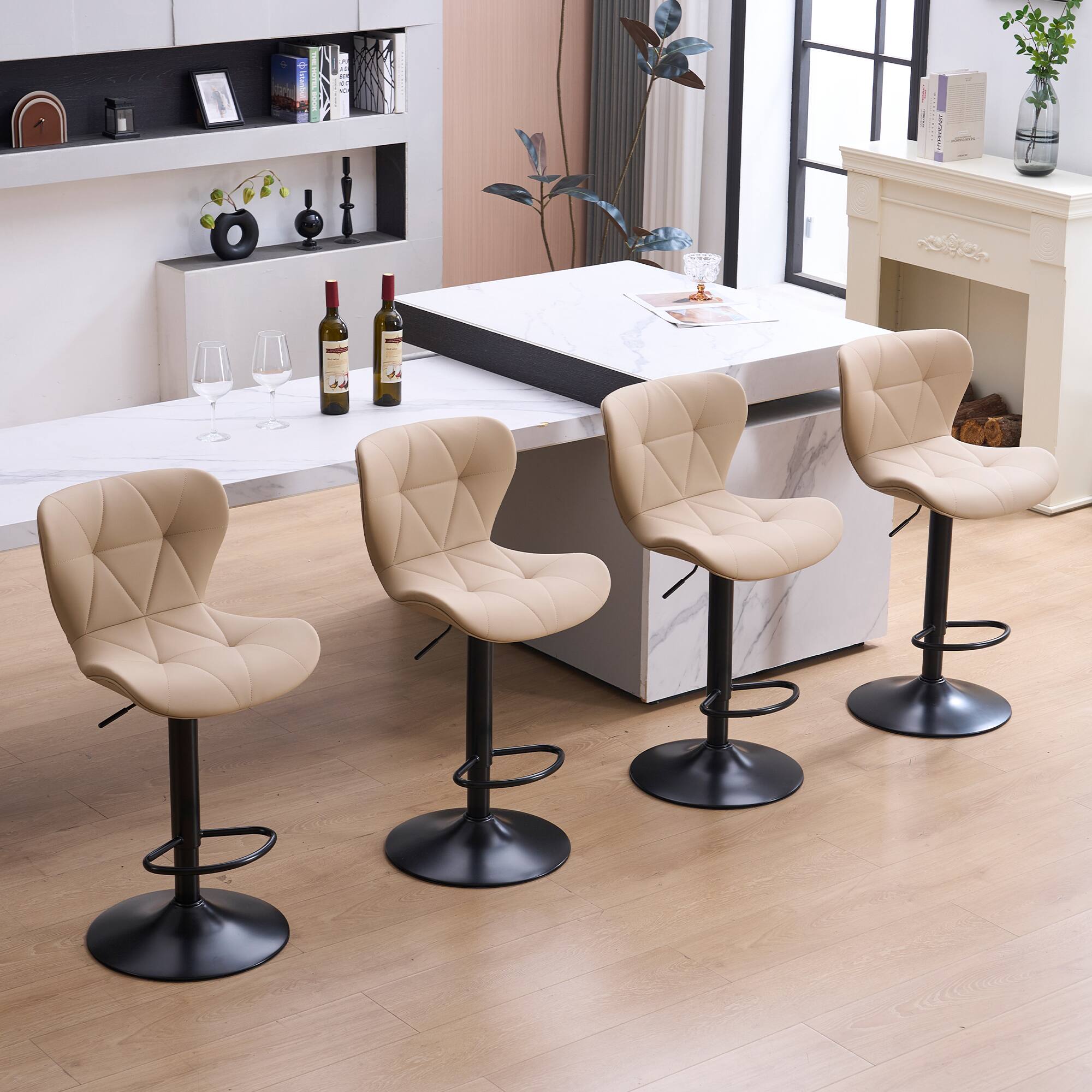 Left. FERPIT - FERPIT Set of 2 Modern Adjustable Height Bar Stools Padded PU Leather Swivel Stools, Khaki - Khaki.