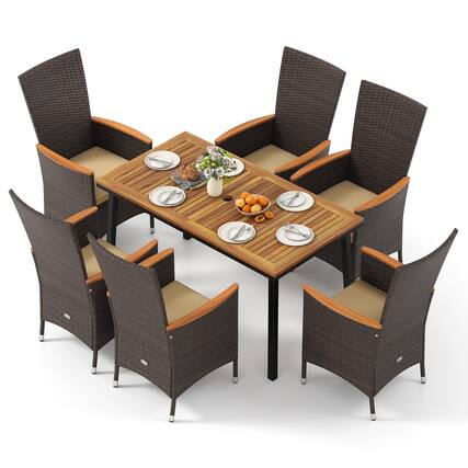 Front. Gymax - Gymax 7PCS Patio Wicker Armchairs Acacia Wood Table w/Umbrella Hole Cushions Outdoor Beige - Brown.