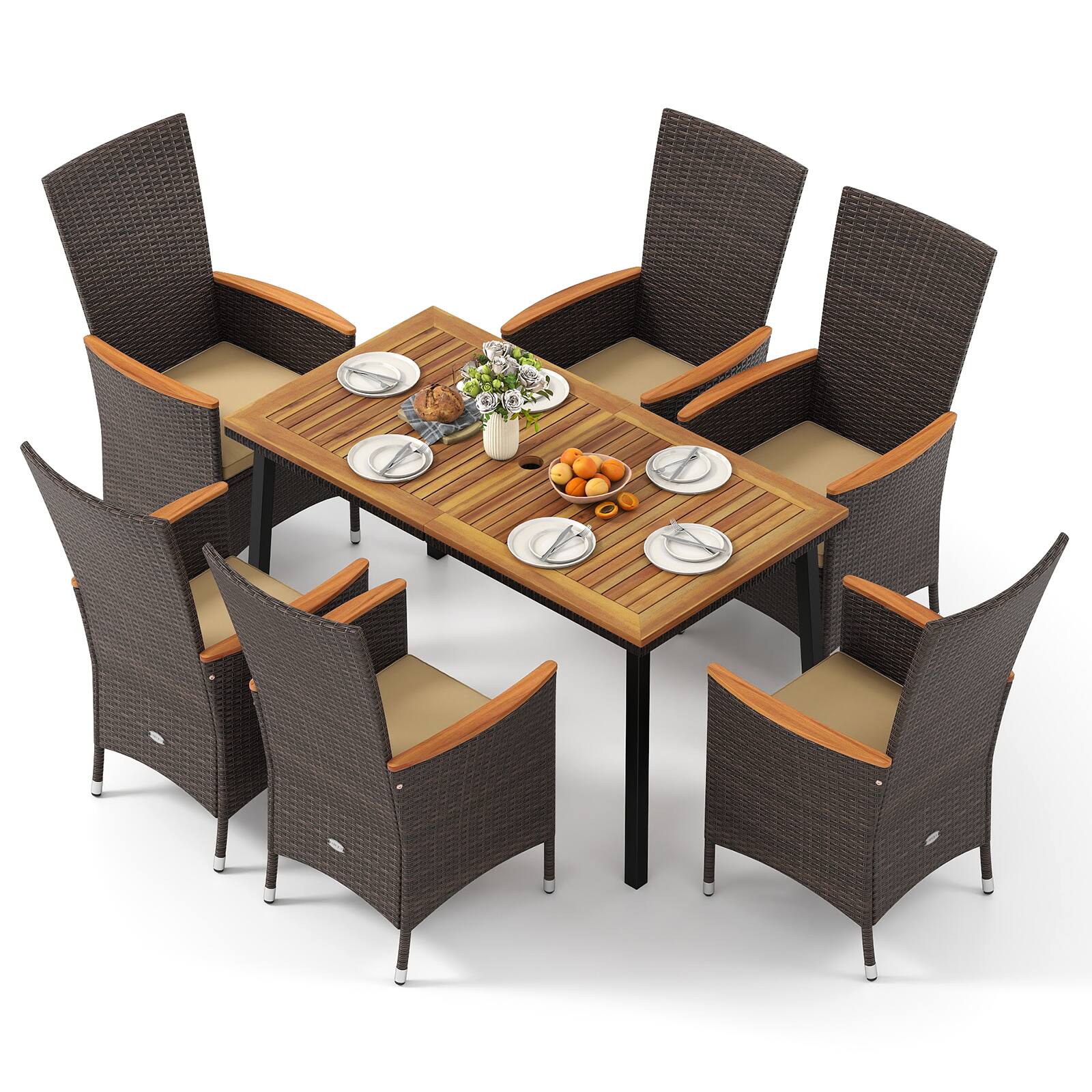 Front. Gymax - Gymax 7PCS Patio Wicker Armchairs Acacia Wood Table w/Umbrella Hole  Cushions Outdoor Beige - Brown.