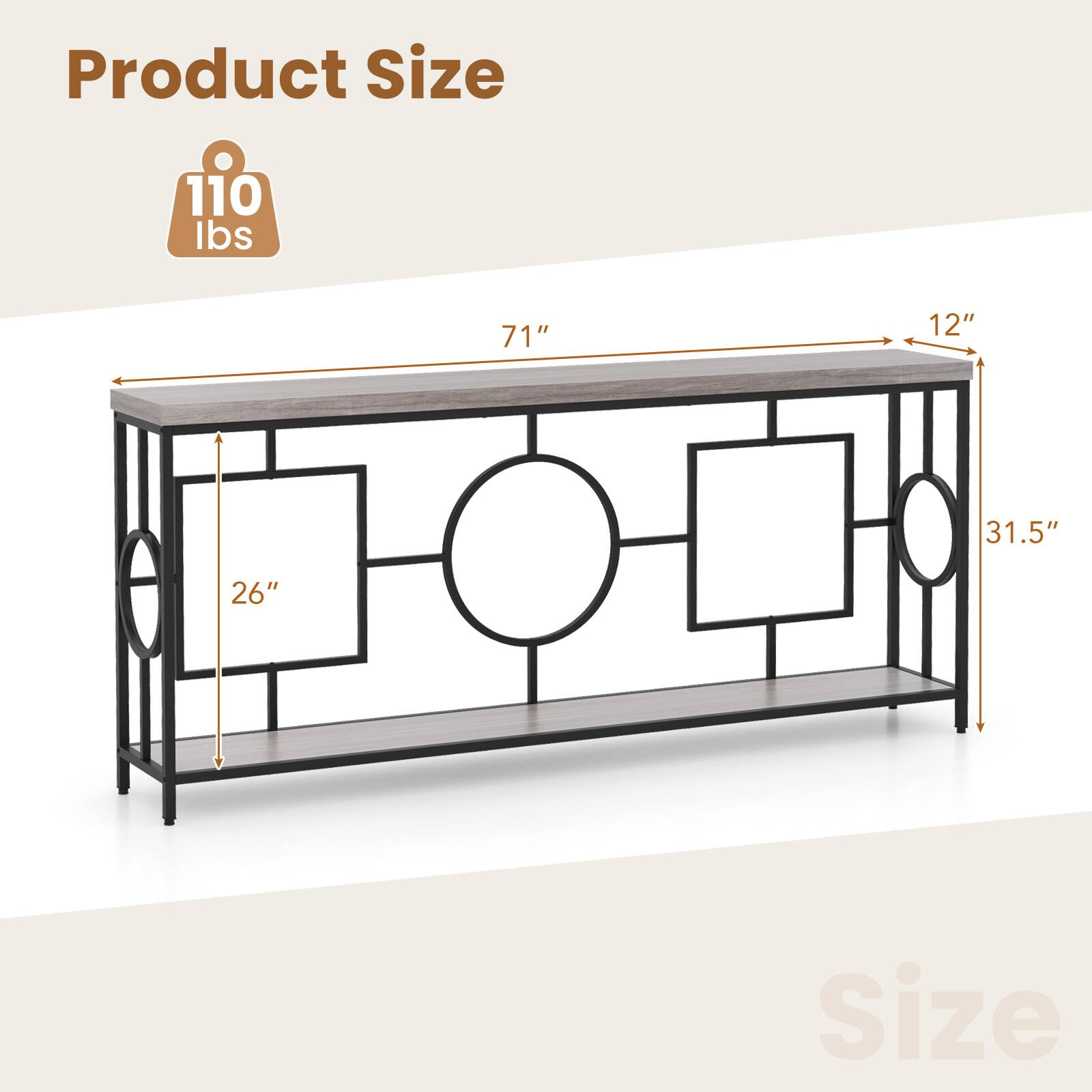 Product Size

110 lbs

71" (length)
31.5" (depth)
26" (height)
12" (width)