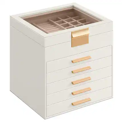 Front. Songmics Home - 6-Layer Modern Jewelry Storage with 5 Drawers 6.4 x 9.9 x 11.4 Inches - Cloud White and Gold - White.