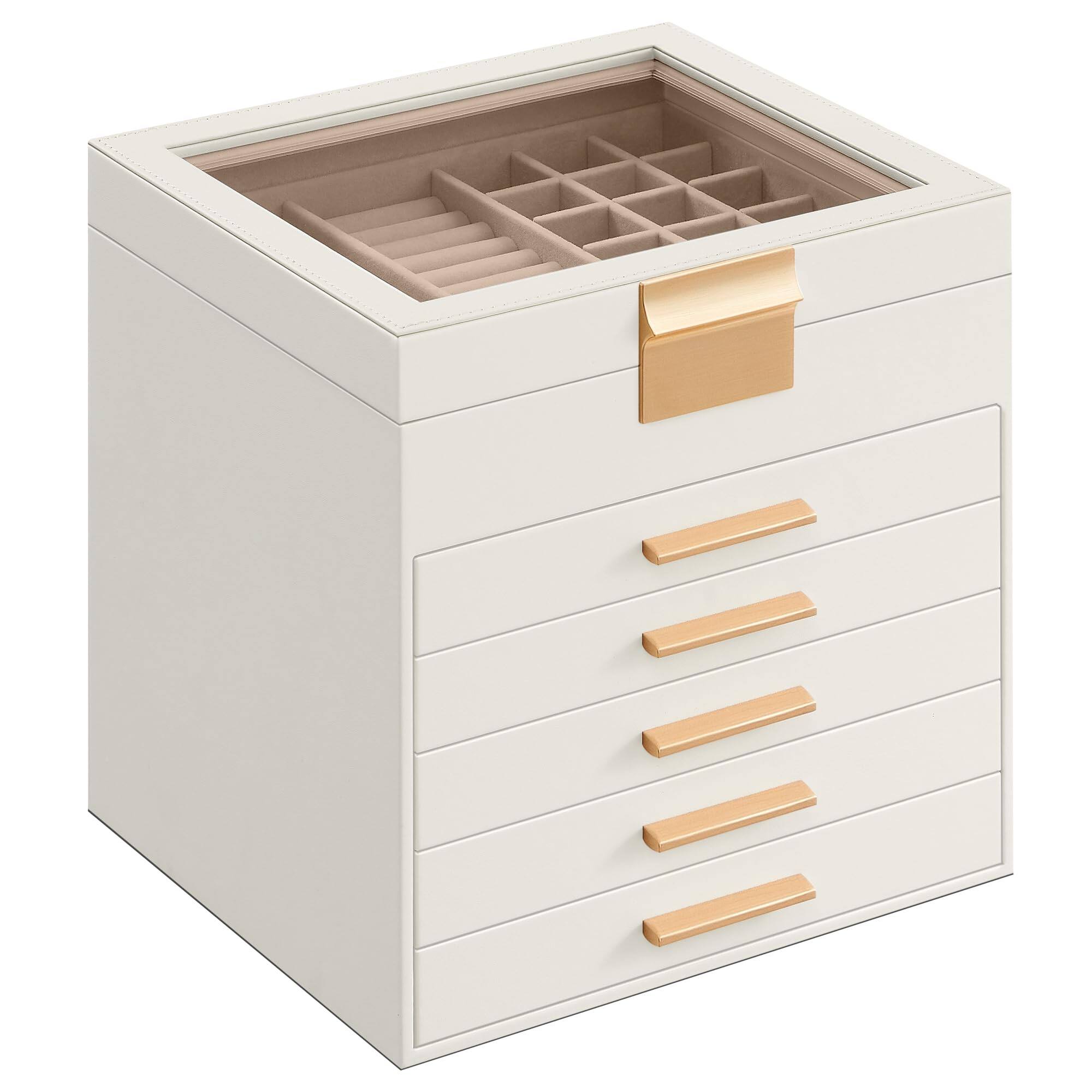 Front. Songmics Home - 6-Layer Modern Jewelry Storage with 5 Drawers 8 x 9.1 x 9 Inches Cloud White and Gold - White.