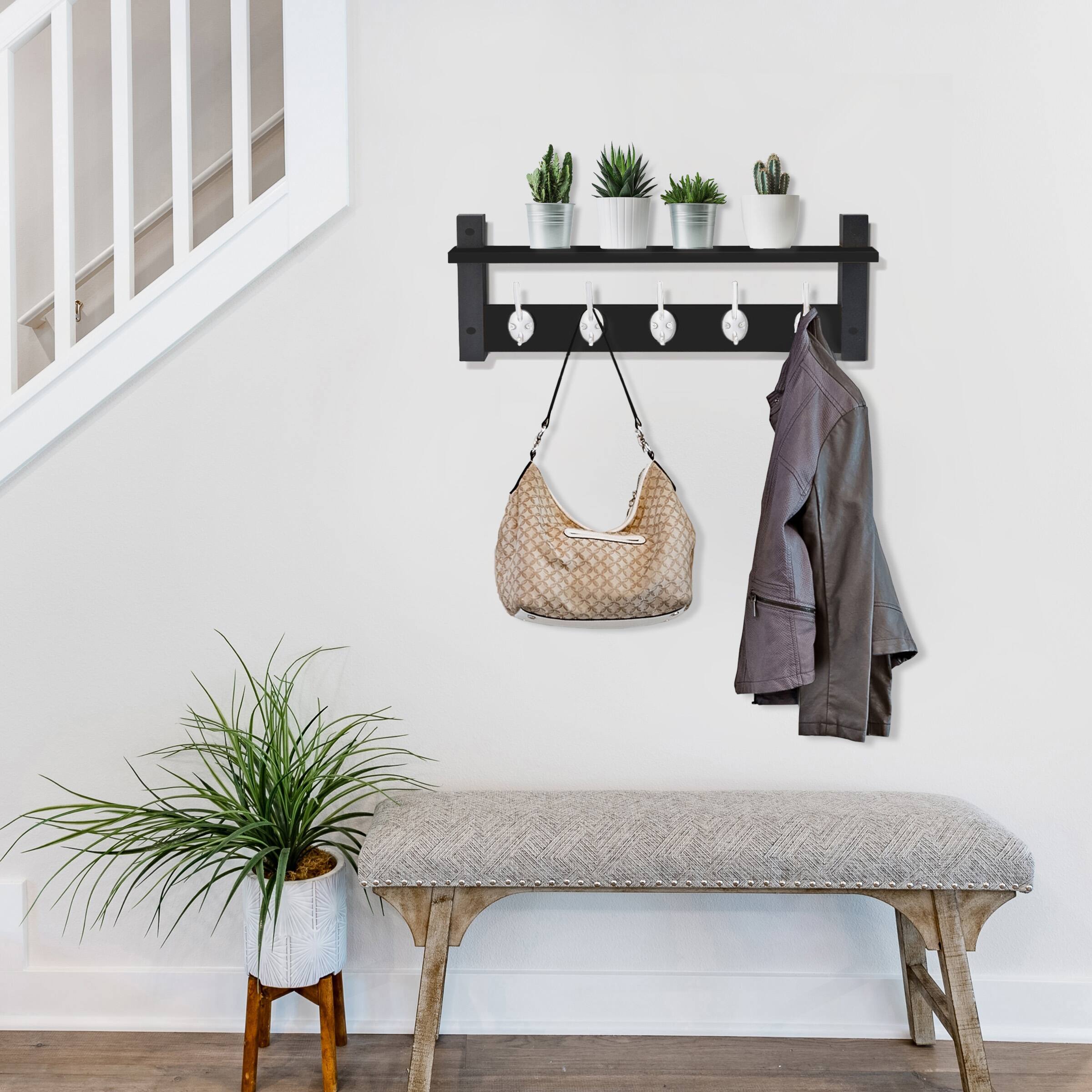 Angle. Sorbus - Sorbus Wall Mount Shelf With Hooks– 23 Inch Coat Rack Wall Mount with 5 for Entryway, Bathroom, Bedroom, Kitchen - Black.