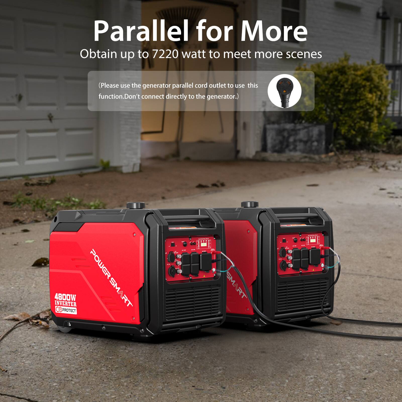 Parallel for More  
Obtain up to 7220 watt to meet more scenes  
(Please use the generator parallel cord outlet to use this function. Don't connect directly to the generator.)  

POWER INVERTER 4800W CO PROTECT SMART  
SMART  
COMICIAL