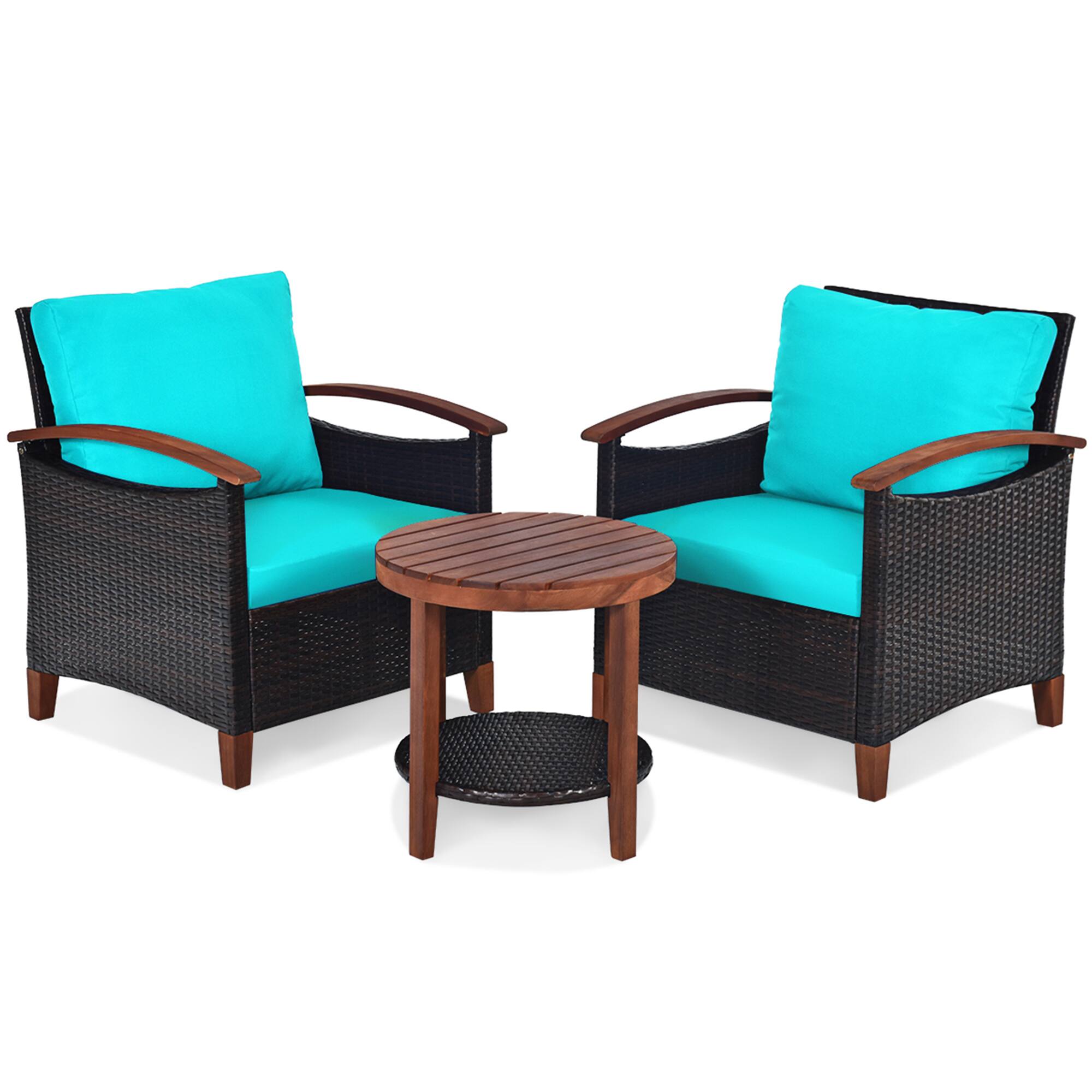 Alt View 1. Gymax - Gymax 3PCS Patio Wicker Rattan Conversation Set Outdoor Furniture Set w/ Turquoise Cushion - Turquoise.