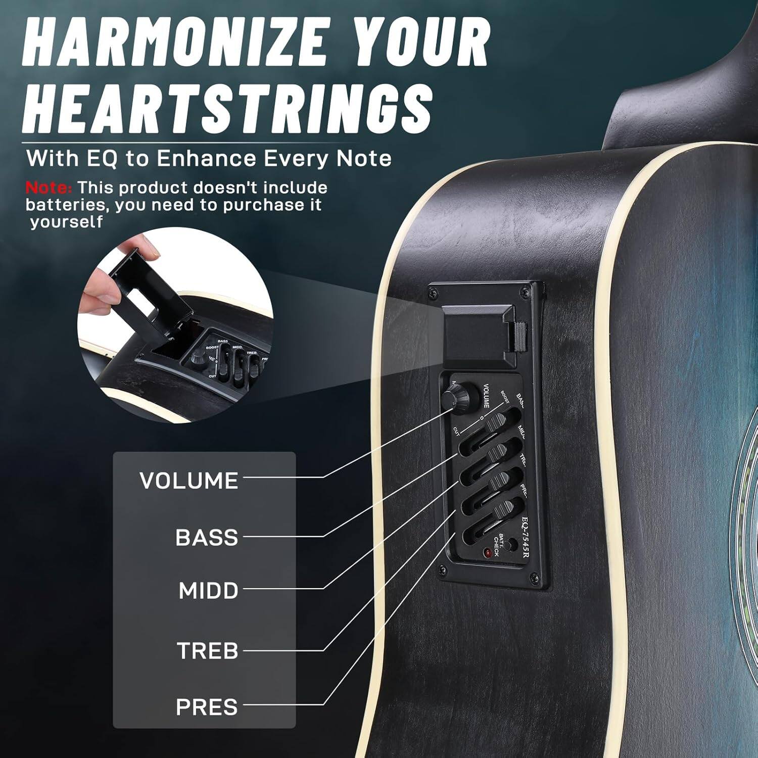 HARMONIZE YOUR HEARTSTRINGS  
With EQ to Enhance Every Note  

Note: This product doesn't include batteries, you need to purchase it yourself  

VOLUME  
BASS  
MIDD  
TREB  
PRES