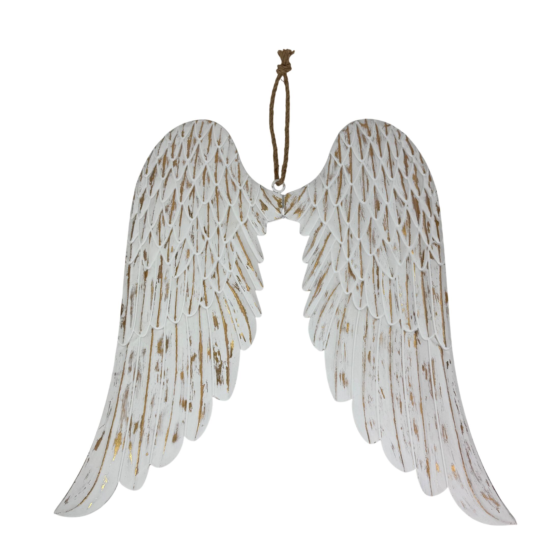 Zeckos - Metal Angel Wings Wall Sculpture Distressed with Gold Accents 34 Inch Wide - White
