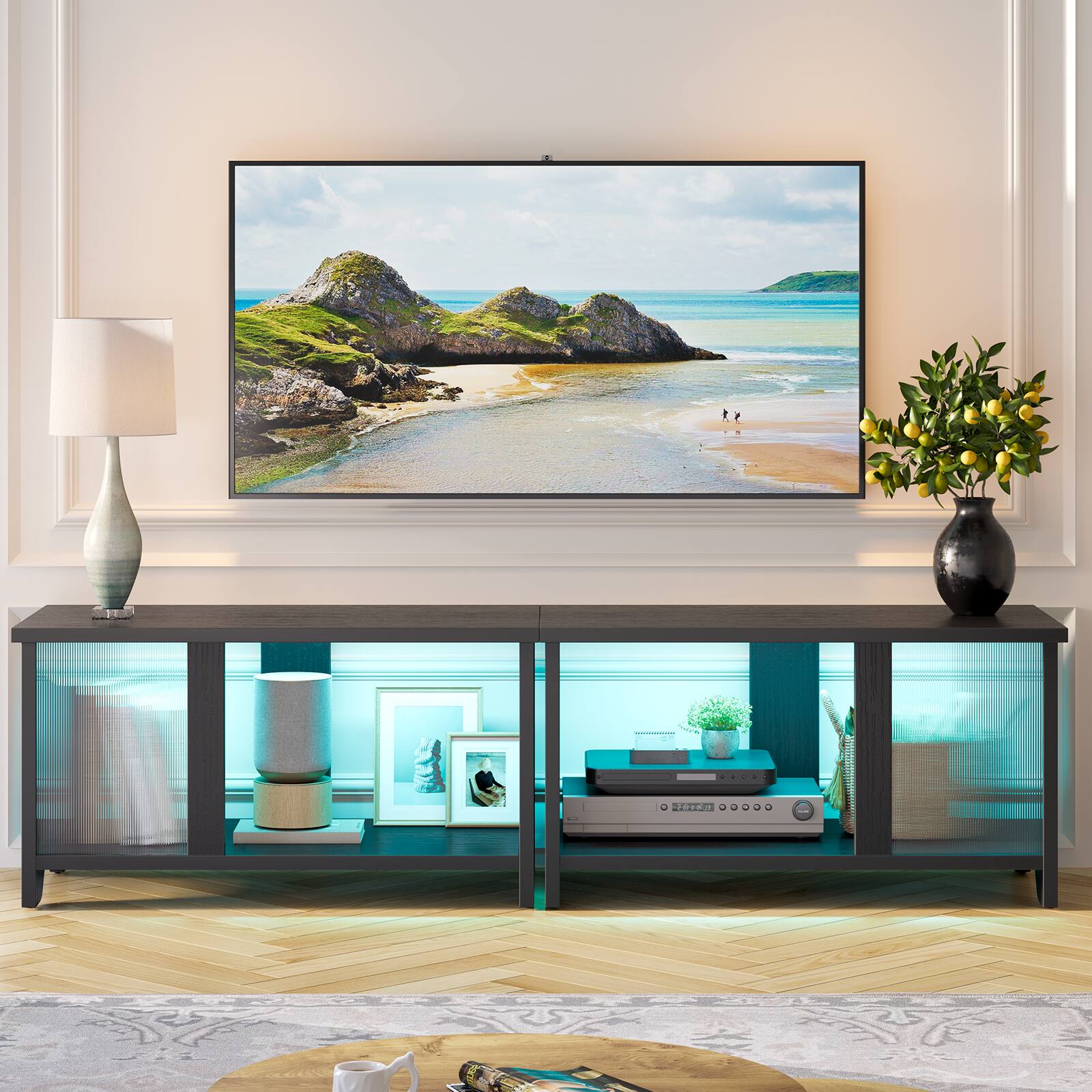 Front. Pinmoco - Pinmoco - 55" 3-in-1 LED TV Stand with Translucent Fluted Doors - Black - Black.