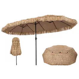 Costway - 15 x 9 FT Double-sided Thatched Tiki Patio Umbrella Extra-Large Tropical Palapa - Brown + Black