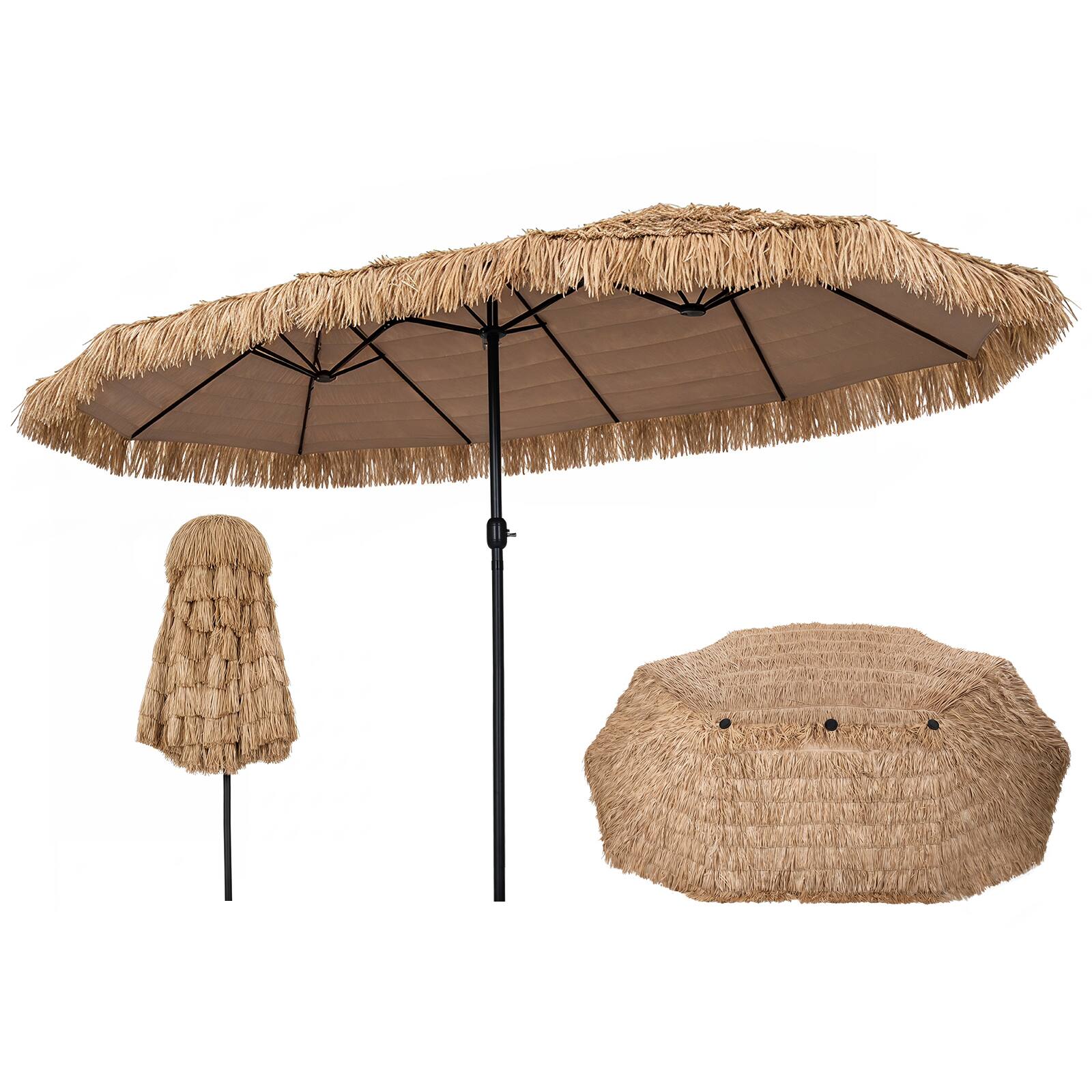 Costway - 15 x 9 FT Double-sided Thatched Tiki Patio Umbrella Extra-Large Tropical Palapa - Brown + Black