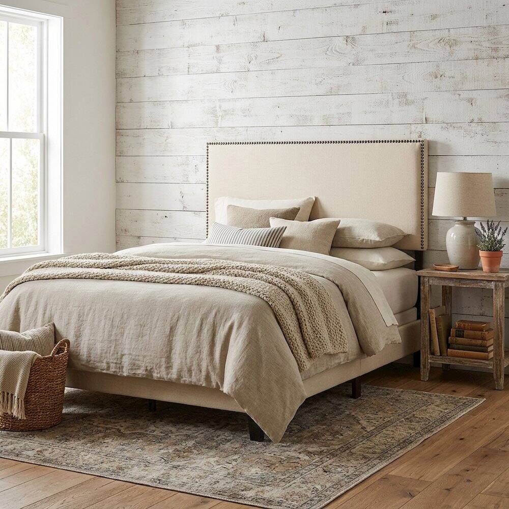 Angle. FurniFact - Upholstered Full Headboard, Nailhead Trim in Neutral Fabric for Stylish Bedroom - Beige.