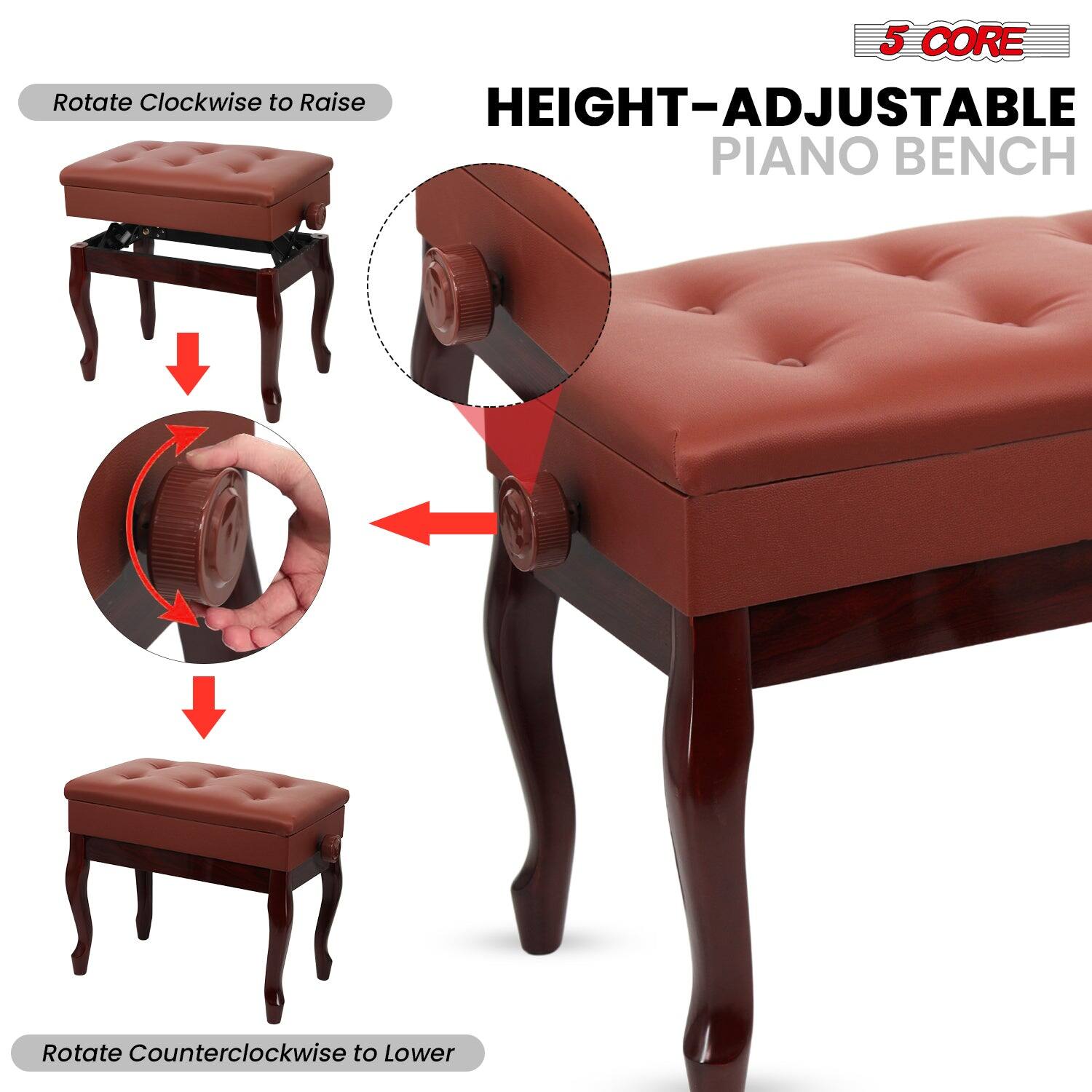 5 CORE, HEIGHT-ADJUSTABLE PIANO BENCH, Rotate Clockwise to Raise, Rotate Counterclockwise to Lower