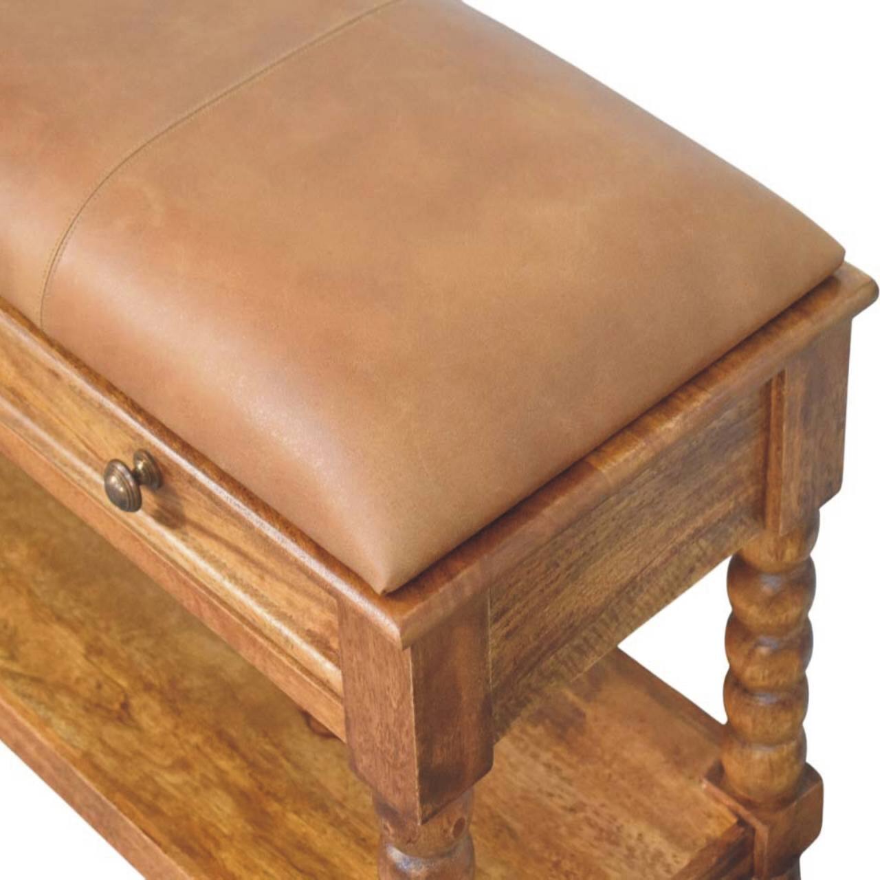 Alt View 2. Artisan Furniture - Artisan Furniture Solid Wood Leather Spindle Bench, Brown, 2 Drawer - Brown.