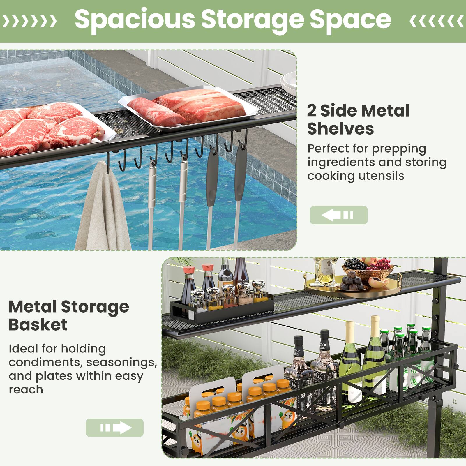 Spacious Storage Space

2 Side Metal Shelves
Perfect for prepping ingredients and storing cooking utensils

Metal Storage Basket
Ideal for holding condiments, seasonings, and plates within easy reach