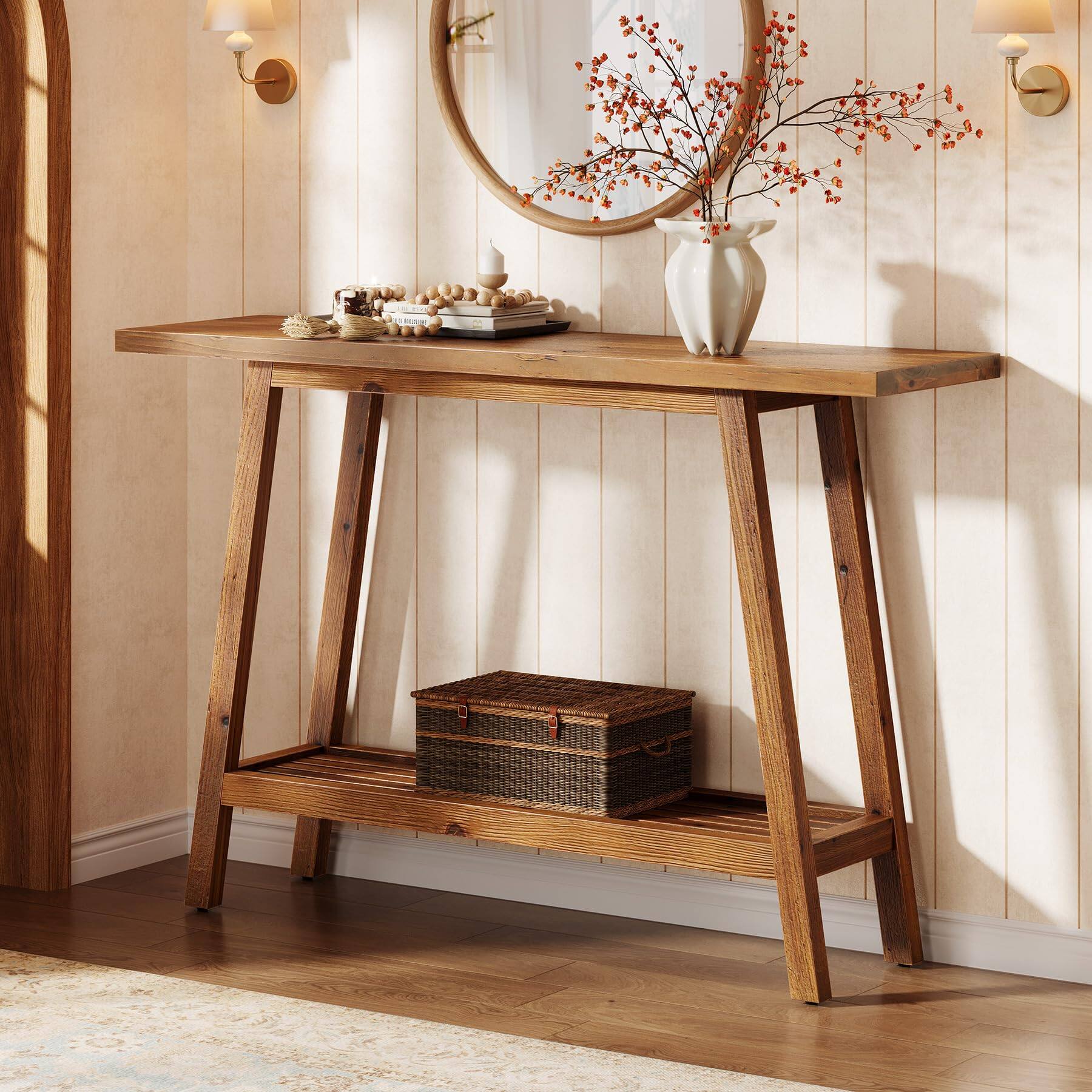 Left. Tribesigns - Solid Wood Console Table, 41.3" Entryway Table with Storage Shelf, 2 Tiers Narrow Skinny Sofa Table for Hallway, Entranc - Brown.